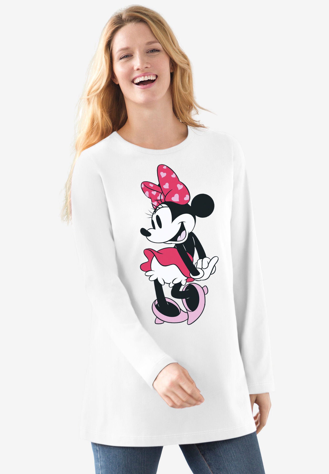 Disney Women's Long Sleeve Crew Tee Minnie Mouse Posing, WHITE MINNIE, hi-res image number 0