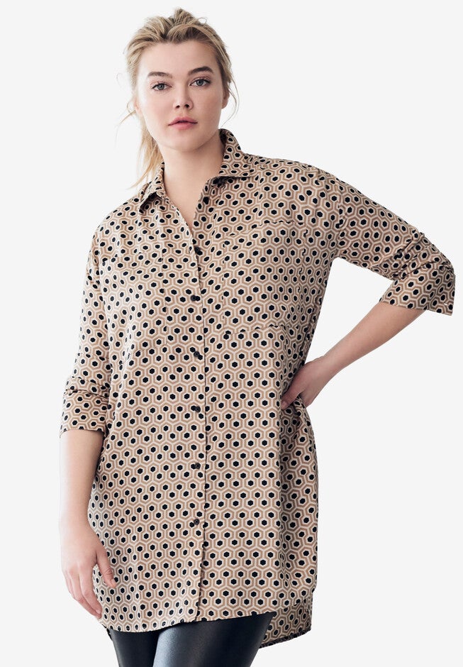 Hi-Lo Button Front Satin Tunic, BEIGE GEO PRINT, hi-res image number null