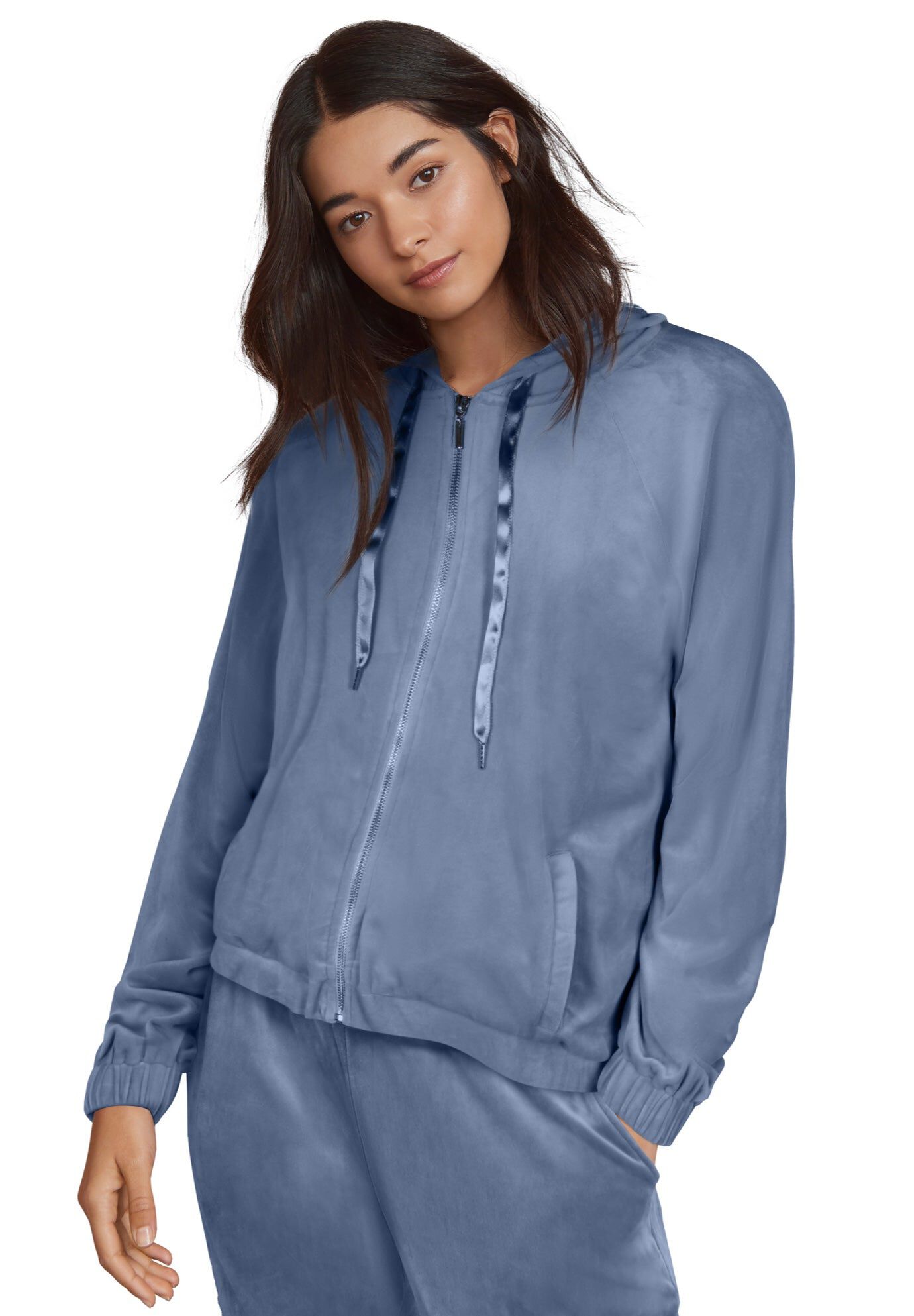 Stretch Velour Zip Front Long Sleeve Jacket With Hood
