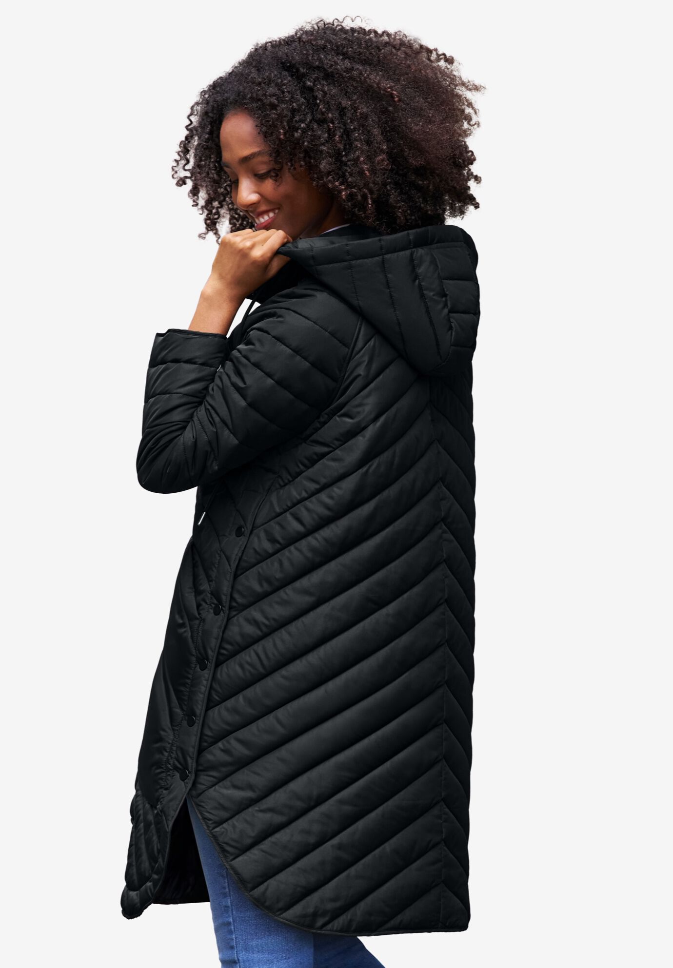 Quilted Jacket With Curved Bottom & Side Snaps, BLACK, on-hover image number 1