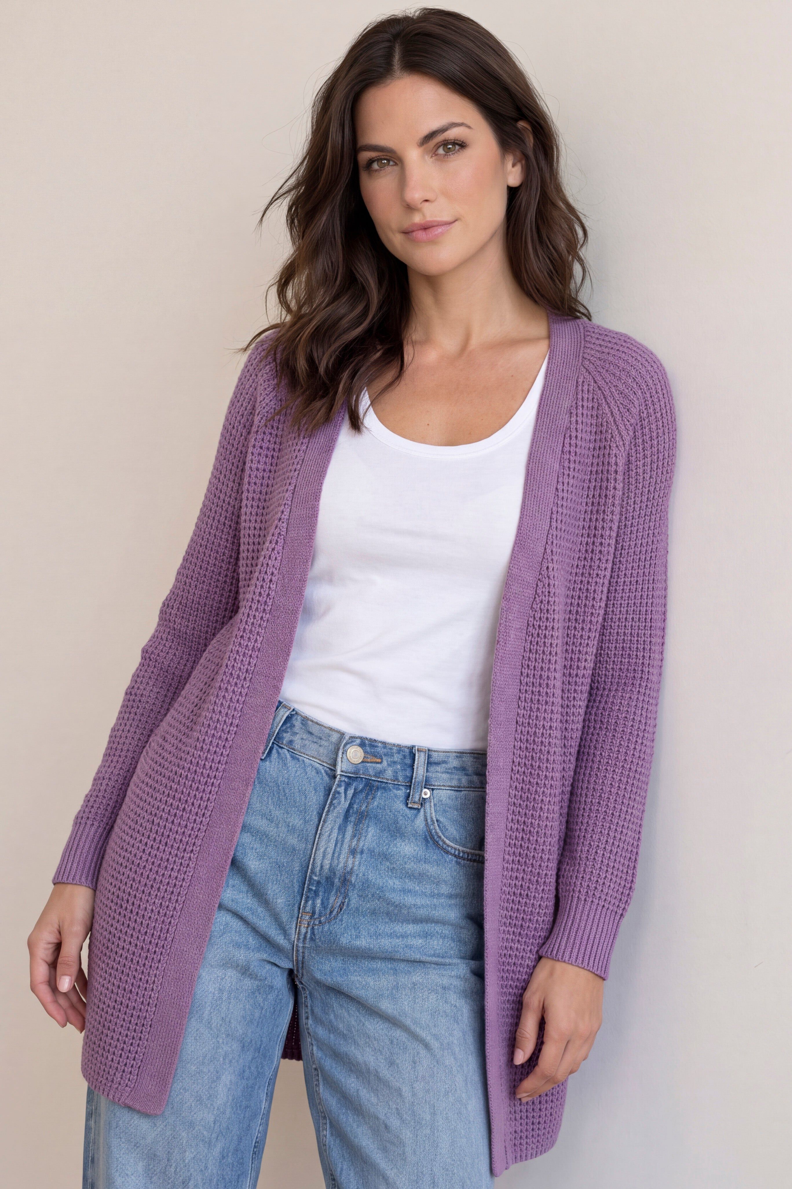 Open Front Long Ribbed Sleeve Waffle Cardigan