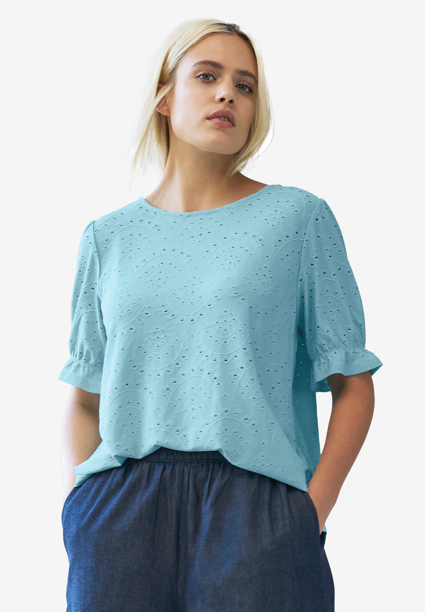 Short Puff Sleeve Eyelet Tee, AQUA SKY, hi-res image number 0
