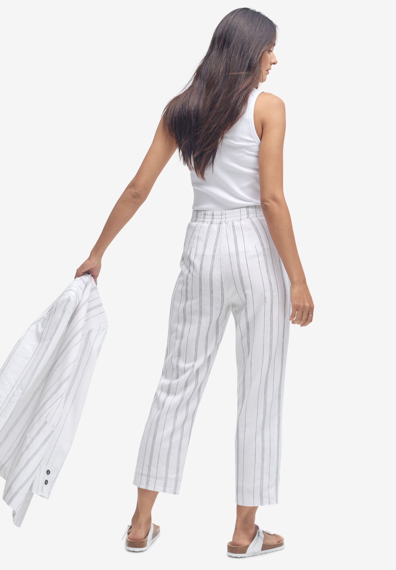 Straight Leg Cropped Linen-Blend Trousers, WHITE BLACK STRIPE, on-hover image number 1