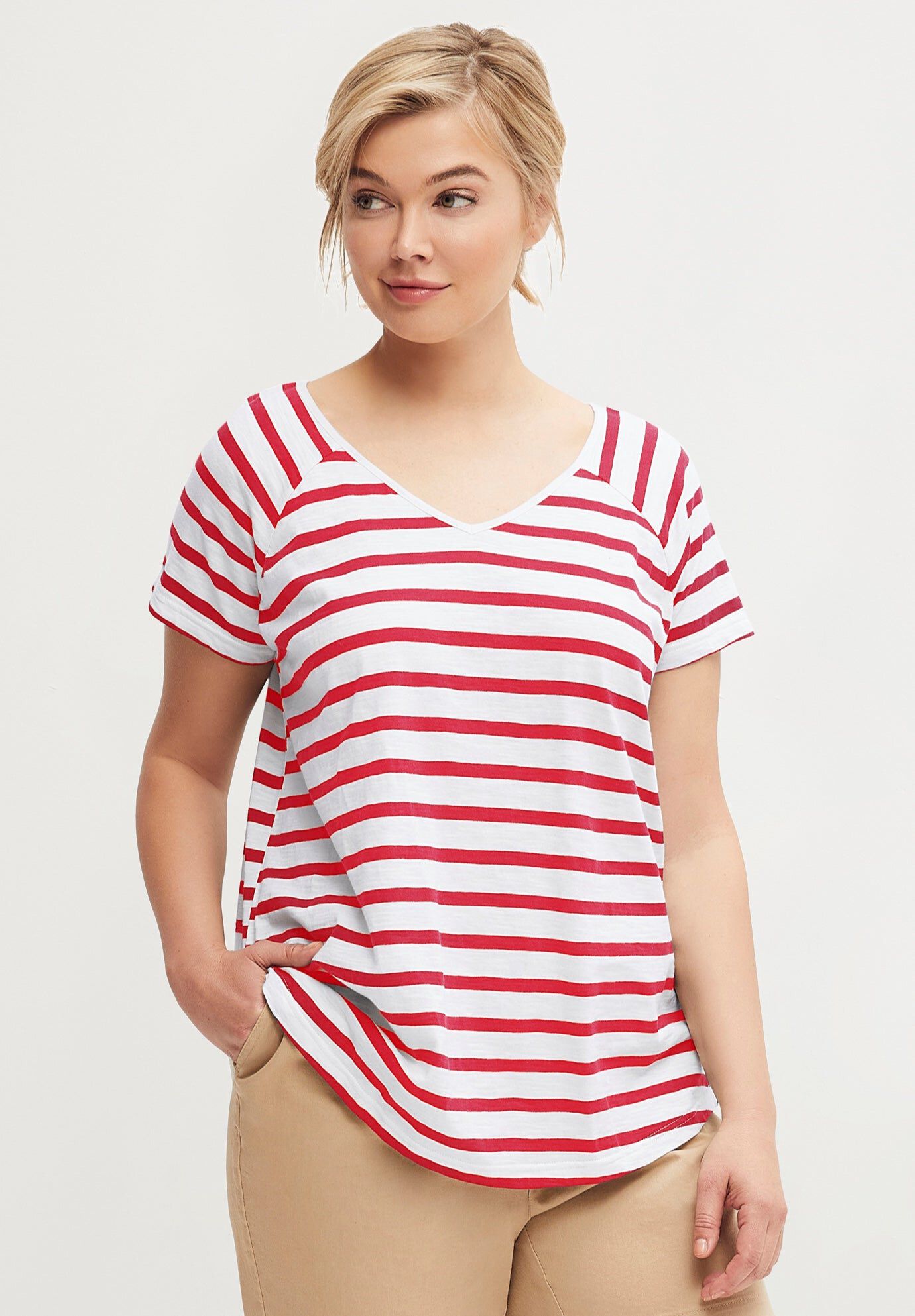 Cotton Jersey Slub V-Neck Short Sleeve Relaxed Tee, CHILI RED WHITE STRIPE, hi-res image number 0