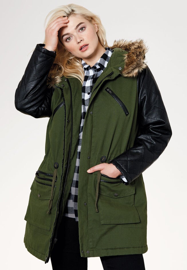 Quilted Faux Leather Sleeve Parka, FOREST GREEN, hi-res image number 0