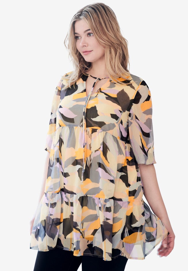 Notched V-Neck Tiered Keyhole Tunic, MULTI ABSTRACT PRINT, hi-res image number null