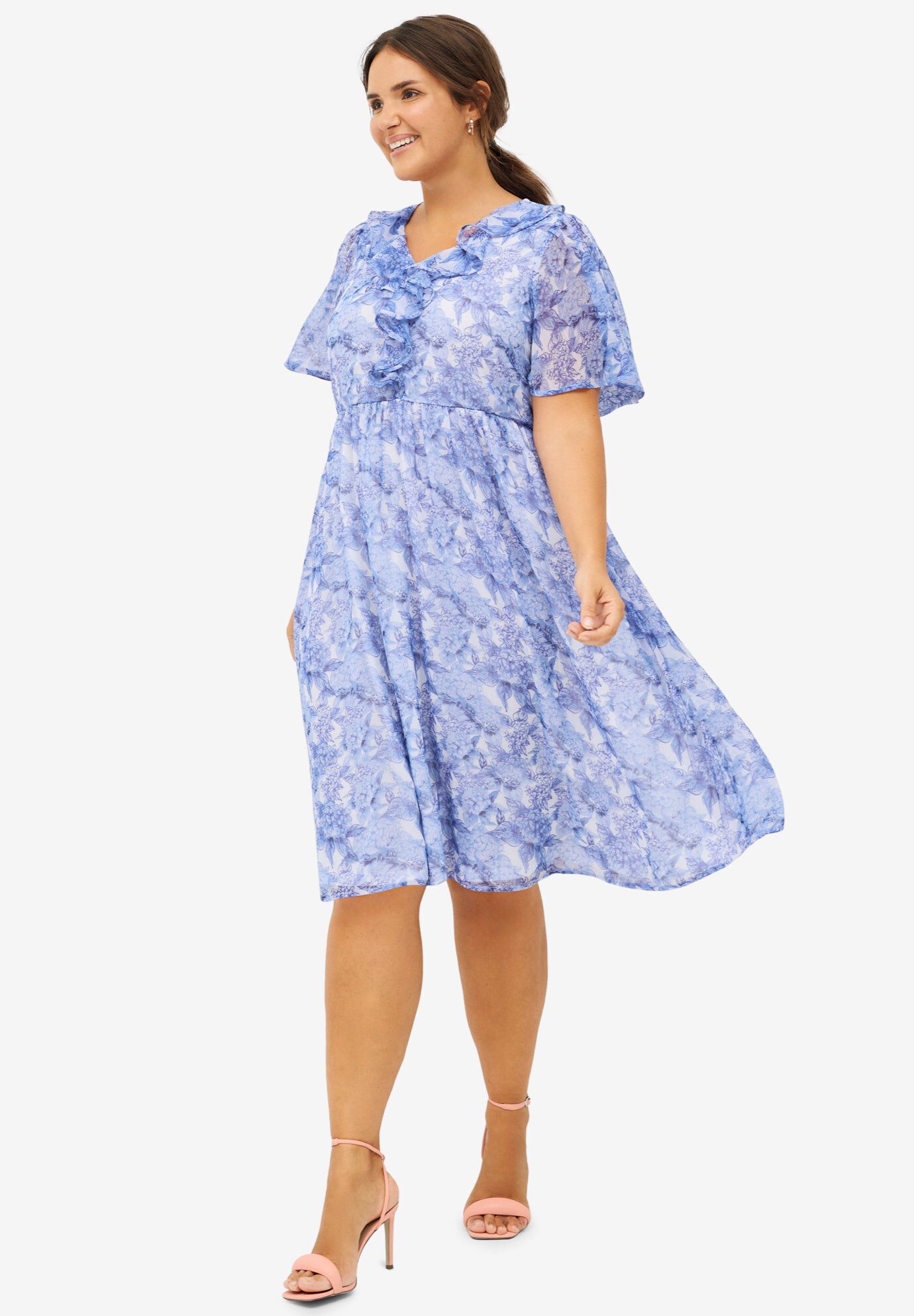 Ruffled V-Neck Empire Dress, DREAM BLUE FLORAL, hi-res image number 0