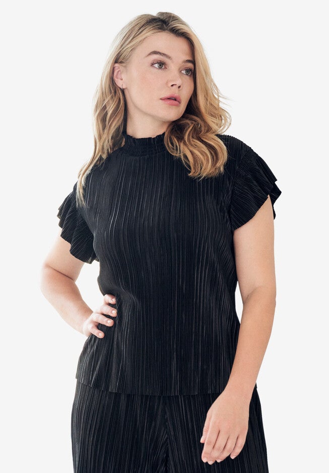 Flutter Cap Sleeve Plisse Top, BLACK, hi-res image number null