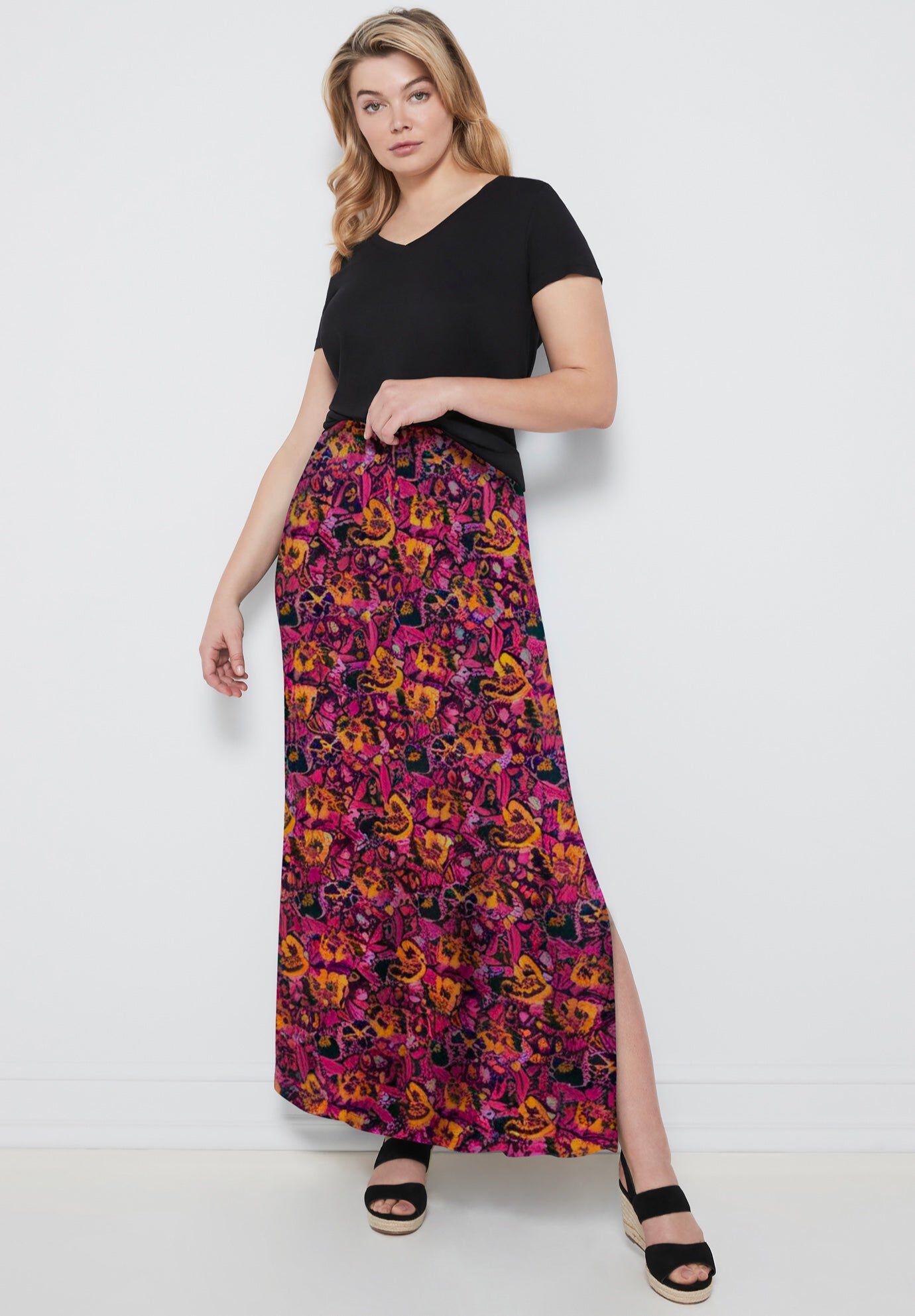 Stretch Jersey Knit Elastic Drawstring Waist Maxi Skirt, BLACK RASPBERRY SORBET FLORAL, hi-res image number 0