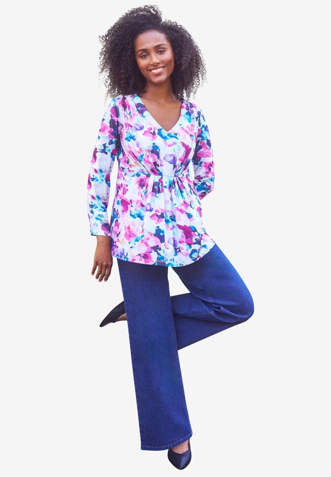 V-Neck Pleated Bodice Knit Tunic, , alternate image number null