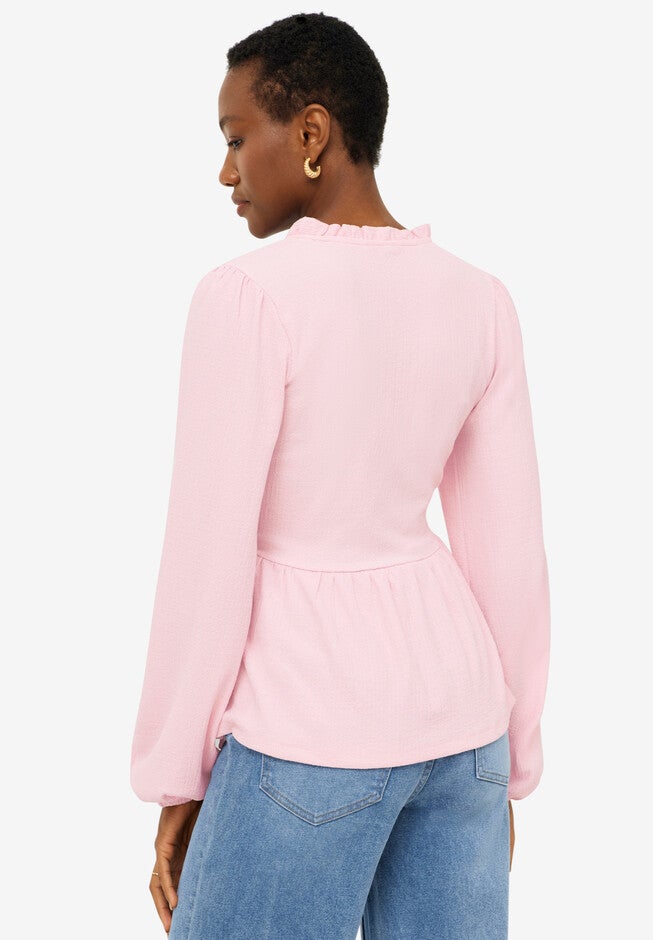 Tie Wrap Peplum Textured Knit Top, , on-hover image number null