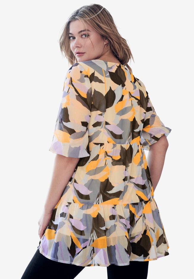 Notched V-Neck Tiered Keyhole Tunic, , on-hover image number null