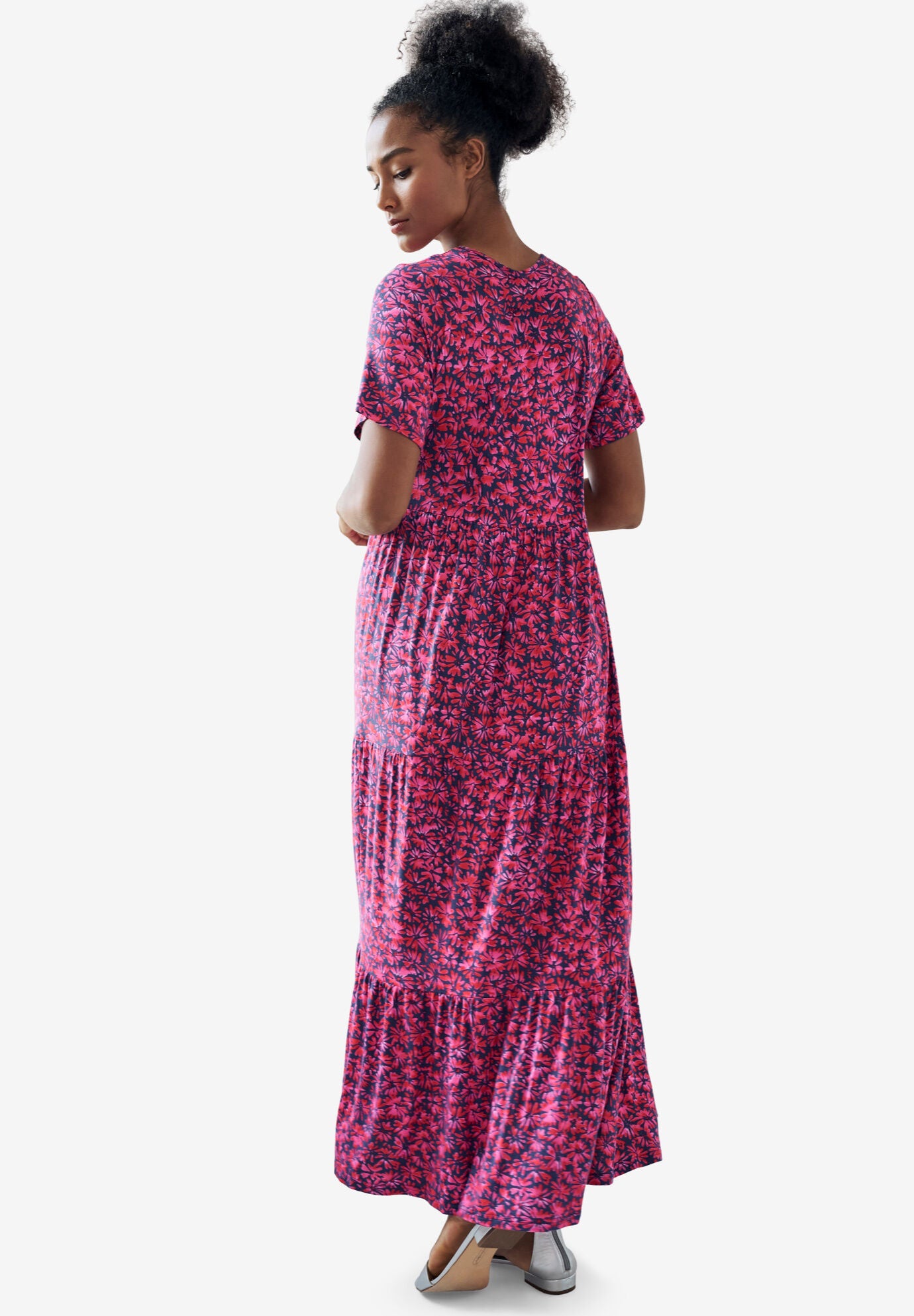 Short Sleeve Tiered Maxi Dress, PERIWINKLE RASPBERRY FLORAL, on-hover image number 1