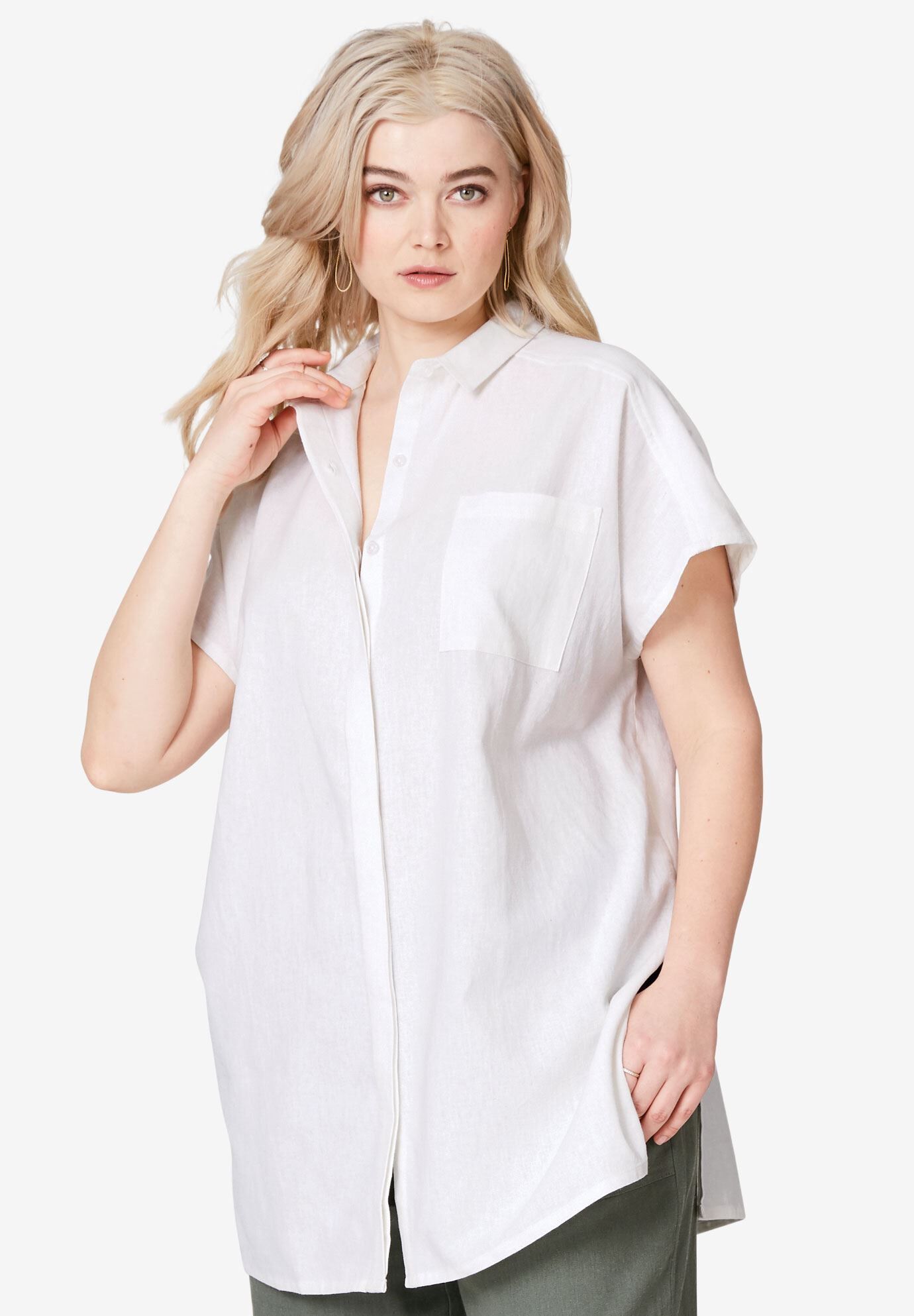 Linen-Blend Button-Front Short Sleeve Collared Tunic