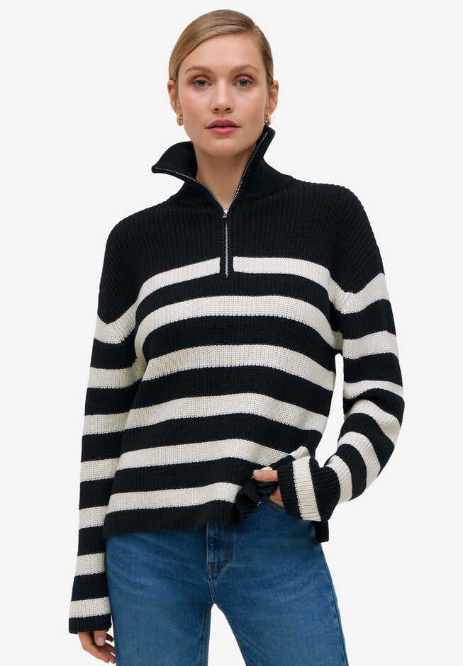 Pullover Sweater With 1/4-Zip Collar, BLACK WHITE STRIPE, hi-res image number null