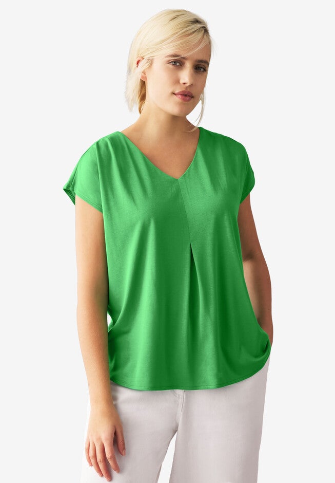 V-Neck Cap Sleeve Tee With Inverted Pleat, KELLY, hi-res image number null