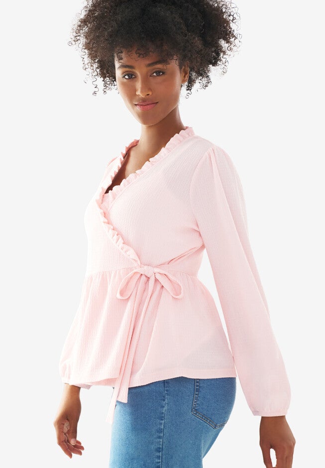 Tie Wrap Peplum Textured Knit Top, , alternate image number null