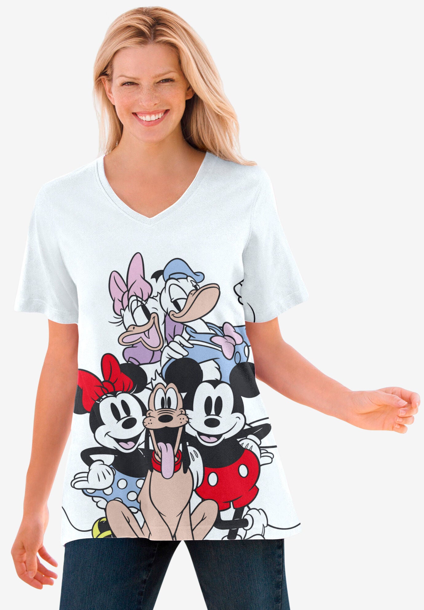 Disney Off White Mickey & Friends V-neck Tee, OFF WHITE MICKEY FRIENDS, hi-res image number 0