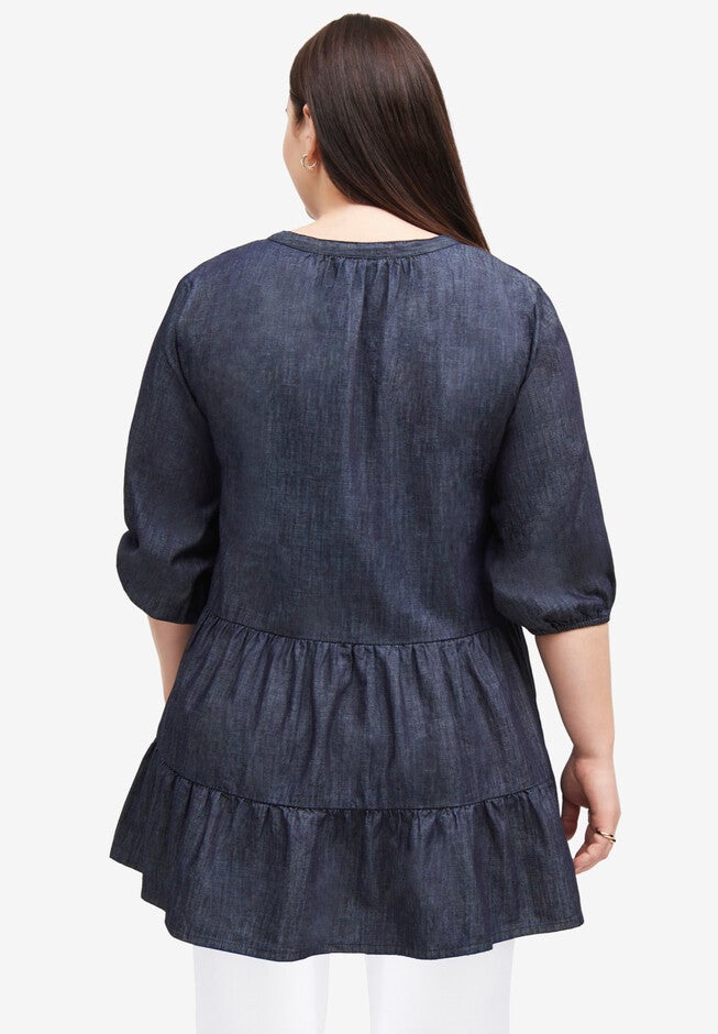 Tiered Denim Tunic With Keyhole Neckline, , on-hover image number 1
