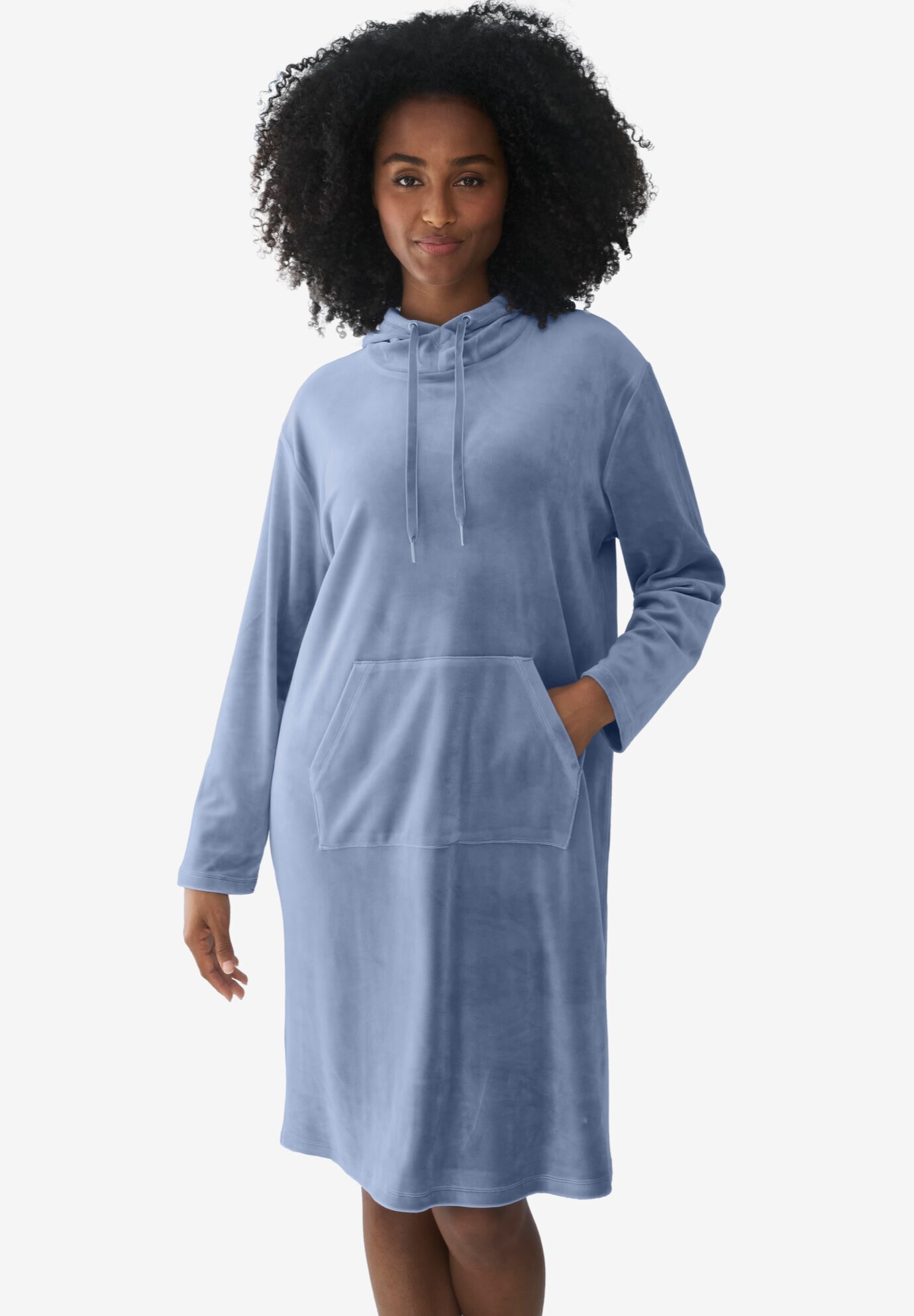 Hooded Velour Lounge Dress, PALE INDIGO, hi-res image number 0