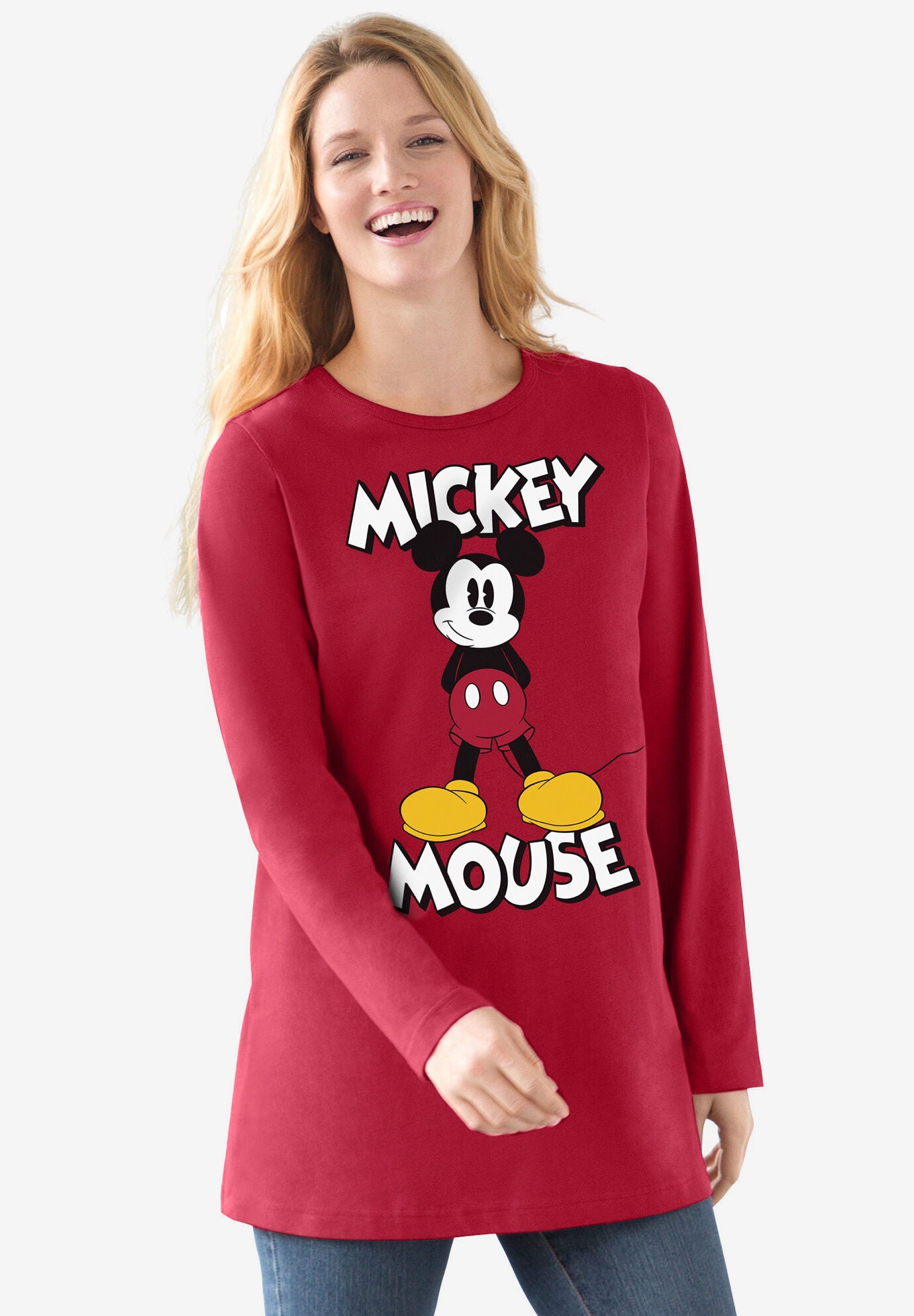 Disney Women's Long Sleeve Crew Tee Mickey Mouse Standing, CLASSIC RED MICKEY, hi-res image number 0