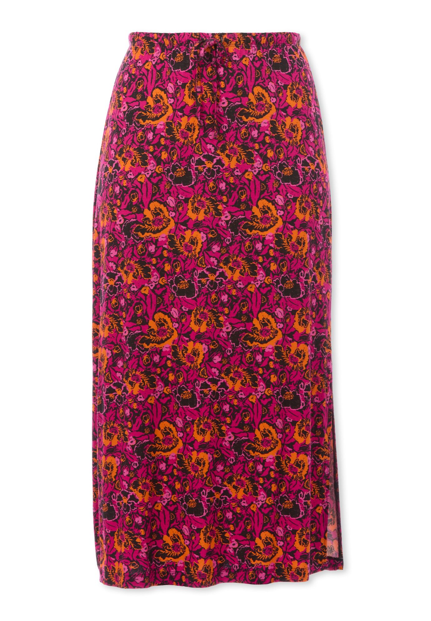Stretch Jersey Knit Elastic Drawstring Waist Maxi Skirt, BLACK RASPBERRY SORBET FLORAL, alternate image number 2