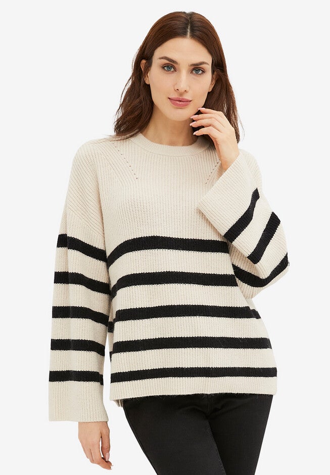 Striped Wide Sleeve Pullover, STONE BLACK STRIPE, hi-res image number 0