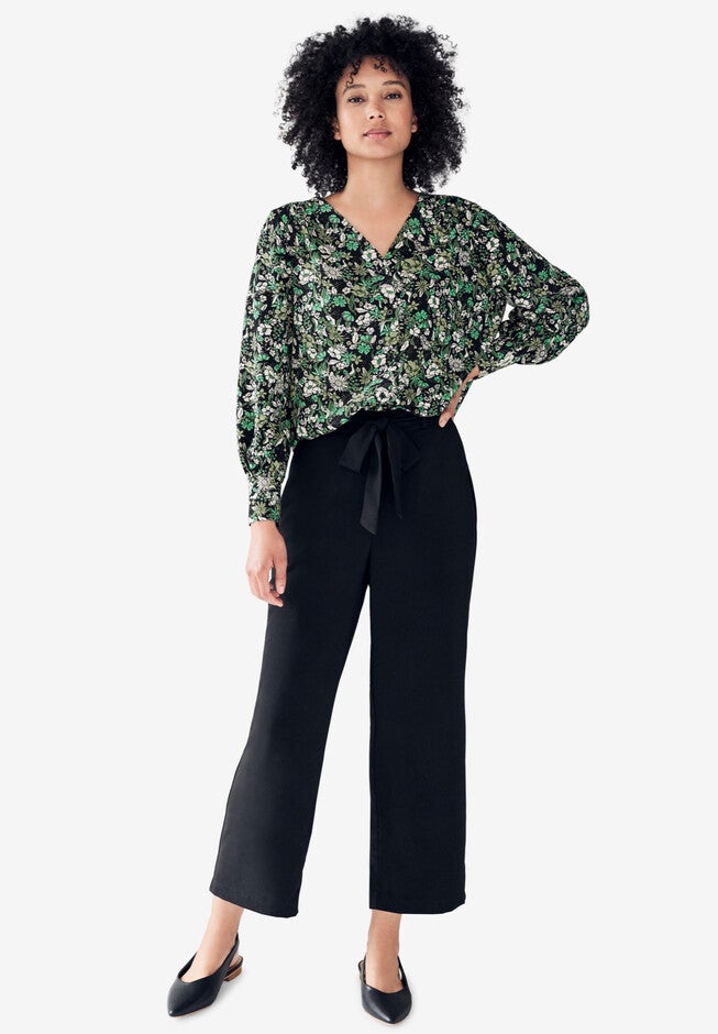 Wide Leg Crop Pant with Tie Waist, BLACK, hi-res image number 0