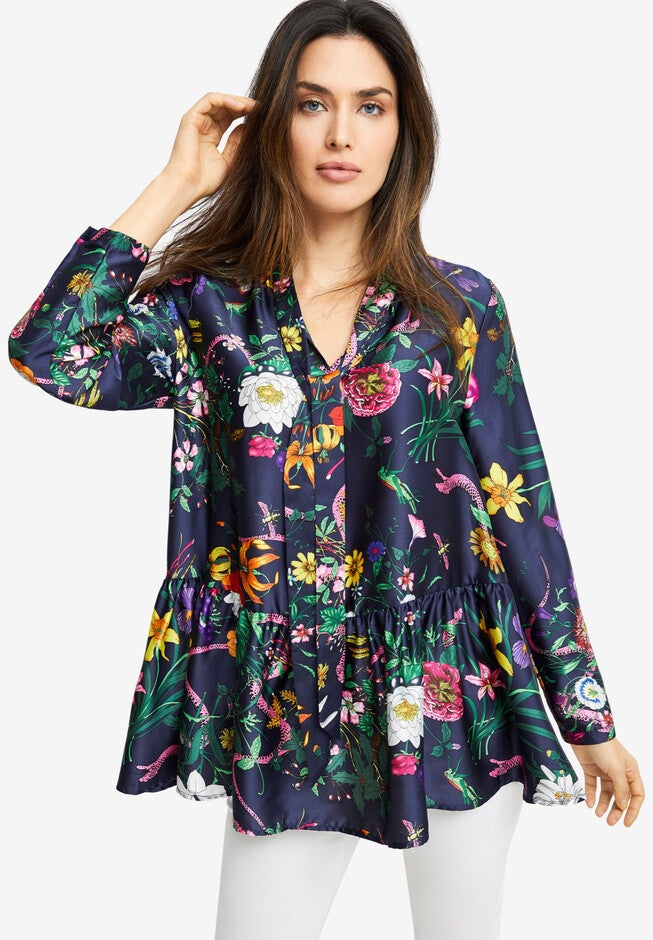 Tie-Neck Peplum Tunic, NAVY MULTI FLORAL, hi-res image number null