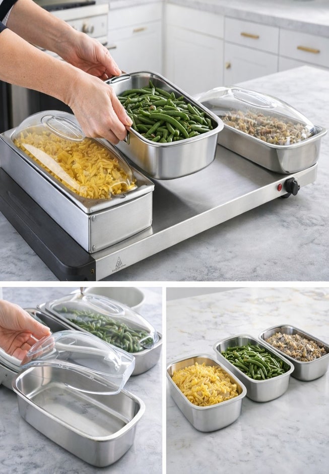 2-in-1 Triple Buffet Server & Warming Tray  image number 5