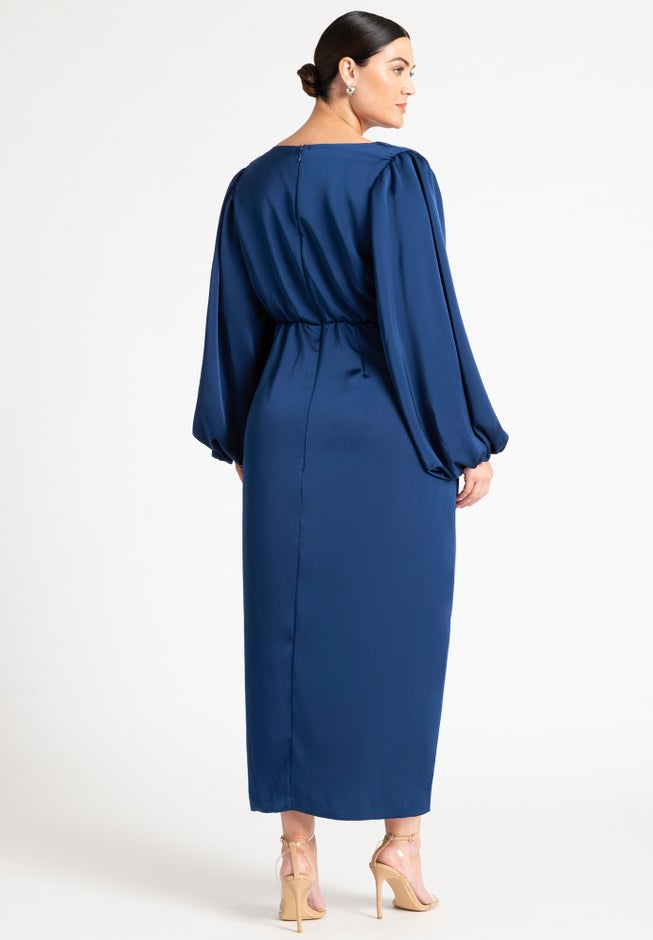 Pleated Satin Puff-Sleeve Maxi Dress image number 1