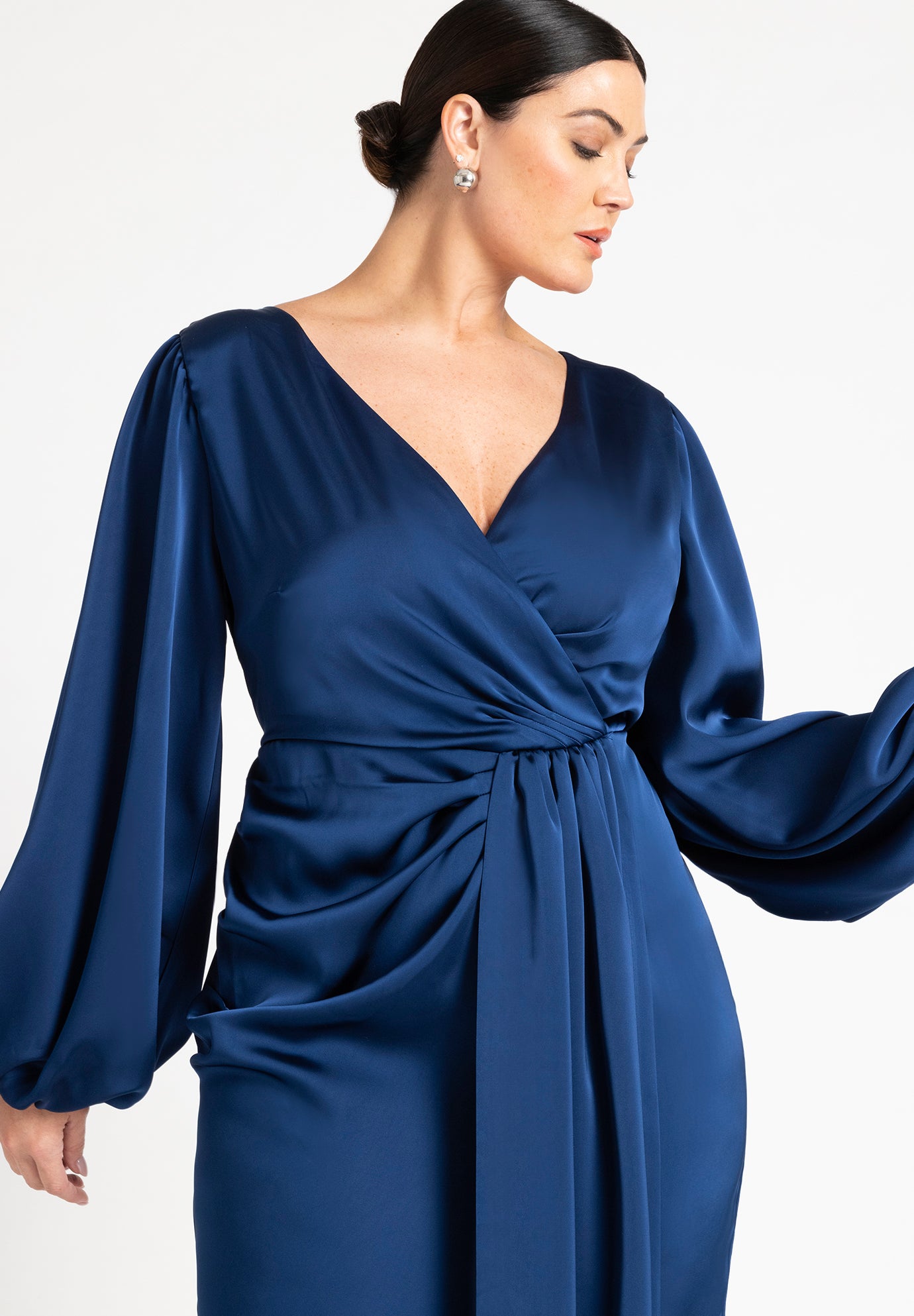 Pleated Satin Puff-Sleeve Maxi Dress image number 2