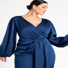 Pleated Satin Puff-Sleeve Maxi Dress image number null