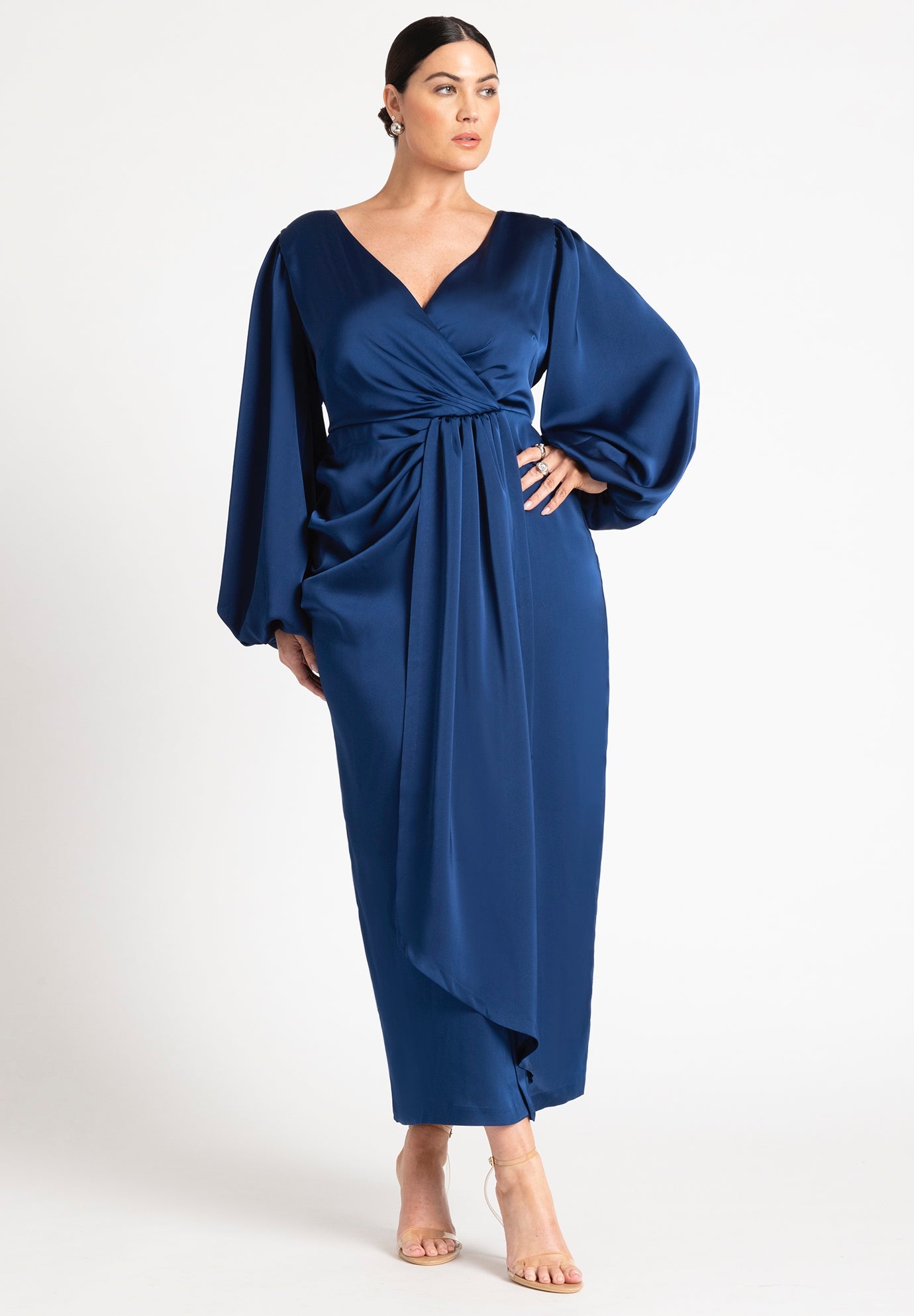 Pleated Satin Puff-Sleeve Maxi Dress image number 0