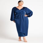 Pleated Satin Puff-Sleeve Maxi Dress image number null