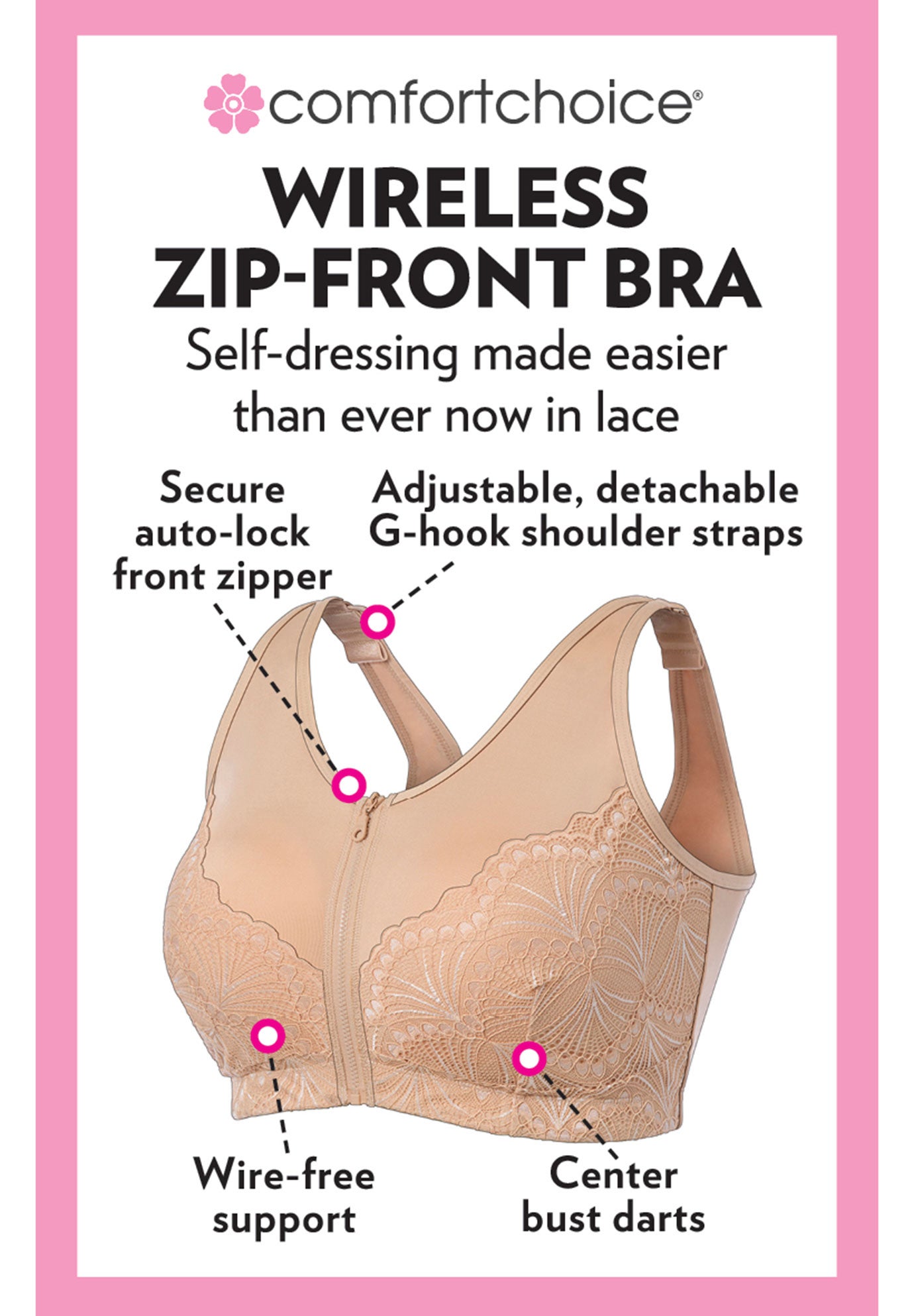 Comfort Choice&reg; Zip-Front Lace Lounge Bra image number 3