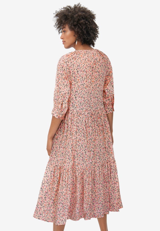 100% Cotton Tiered Below-Elbow Sleeve Midi Dress image number 1