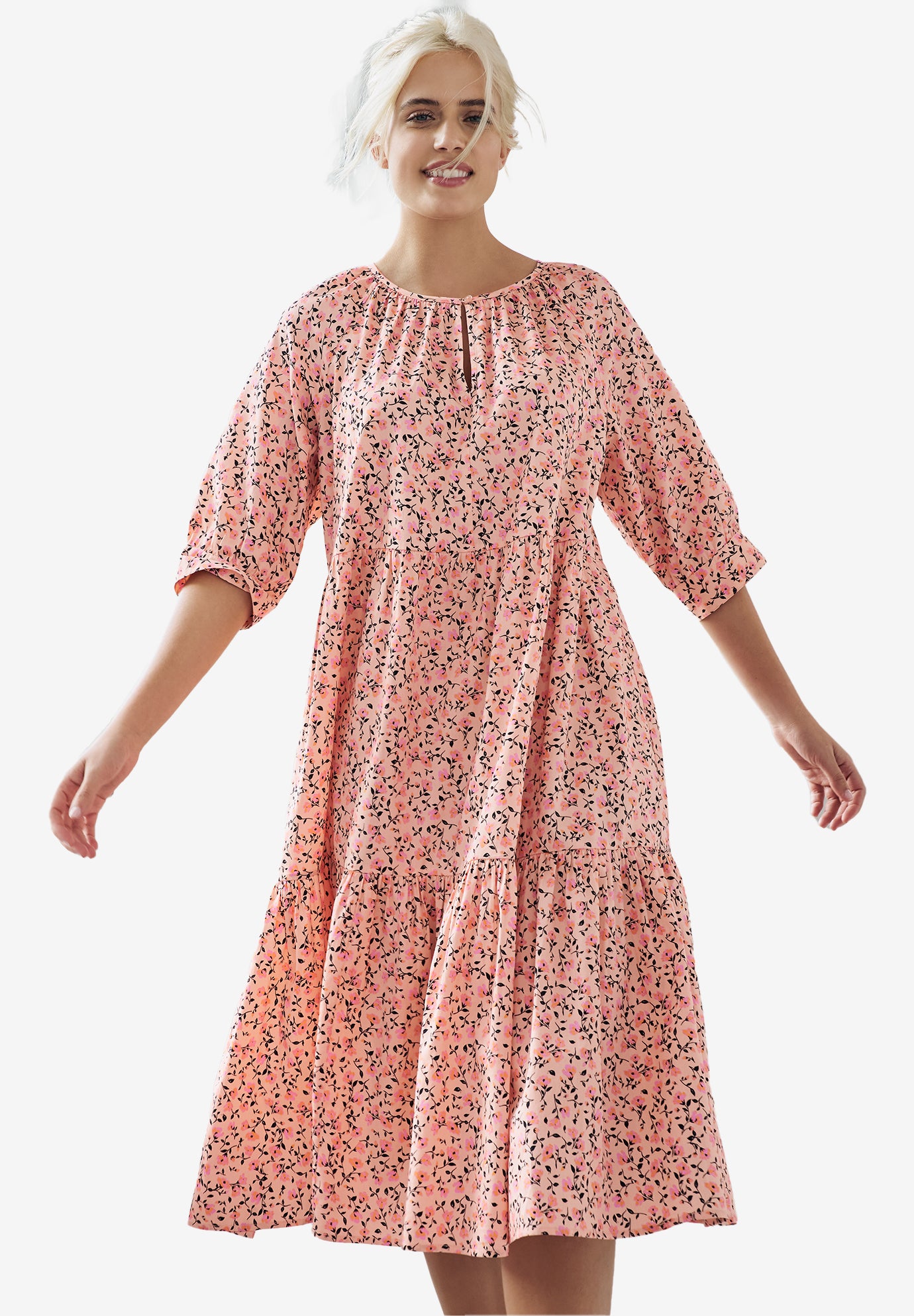 100% Cotton Tiered Below-Elbow Sleeve Midi Dress image number 0