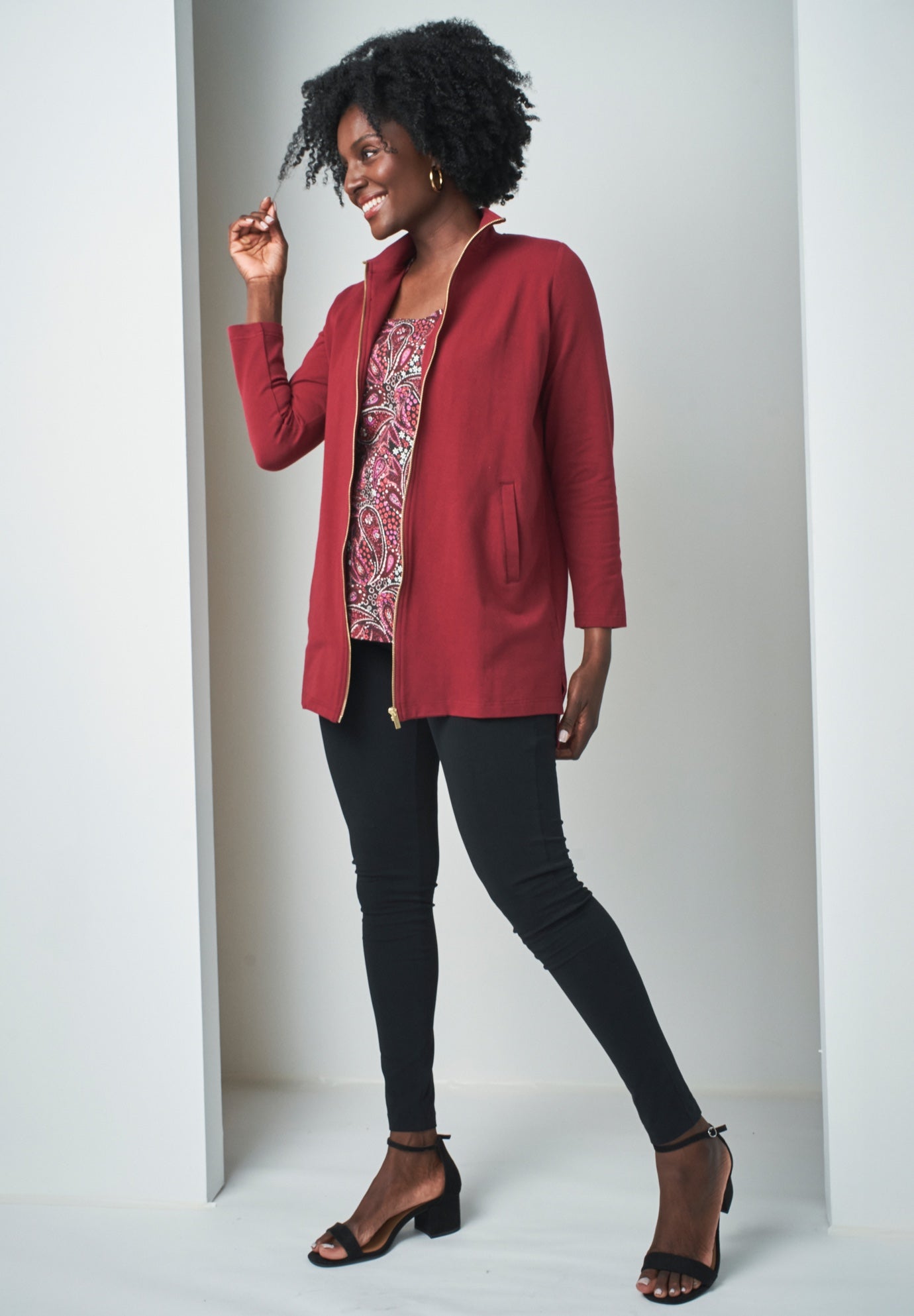 Stretch Cotton Zip Front Hi-Low Jacket image number 3