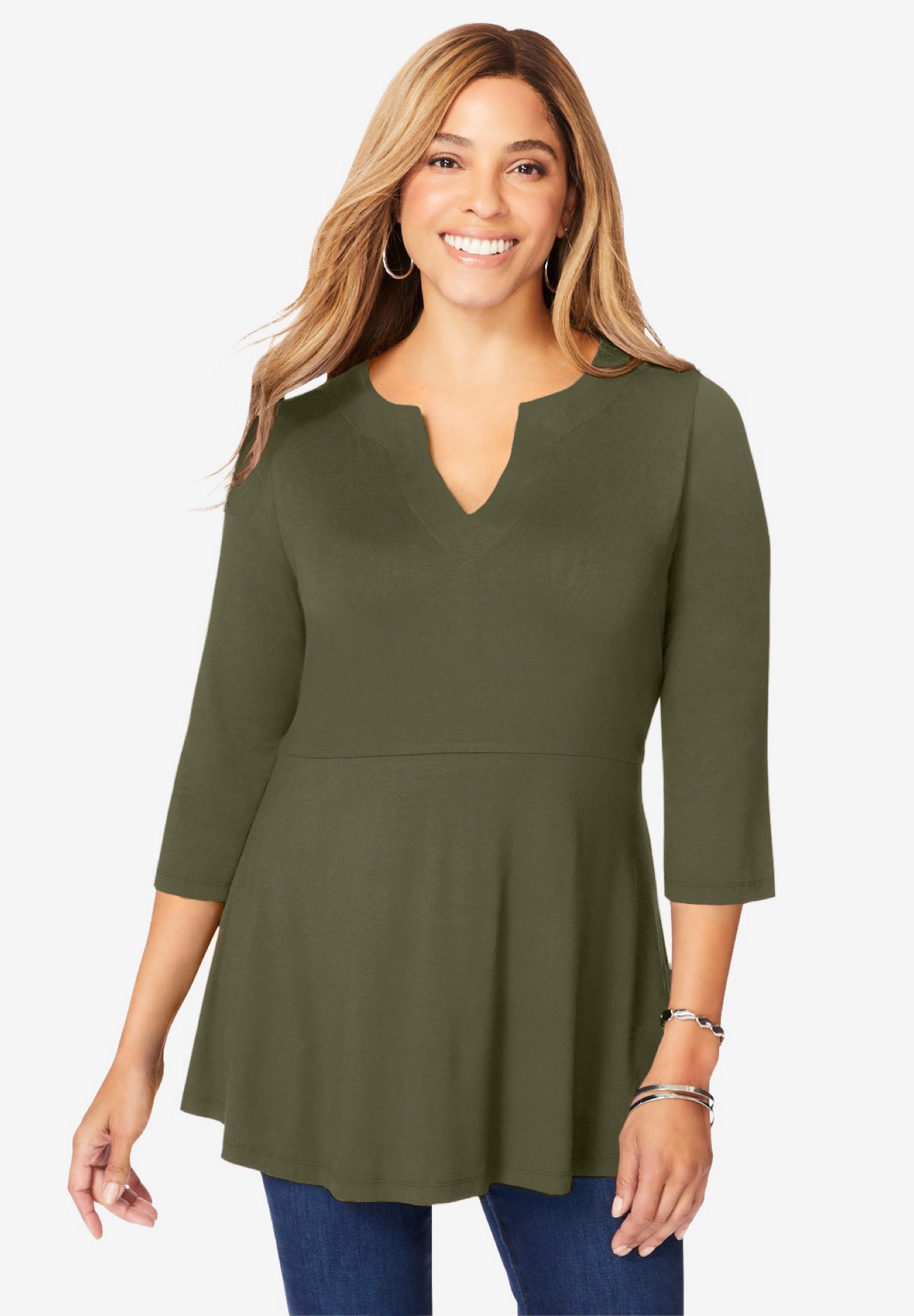 Stretch Knit Henley Notch Babydoll Tunic image number 0