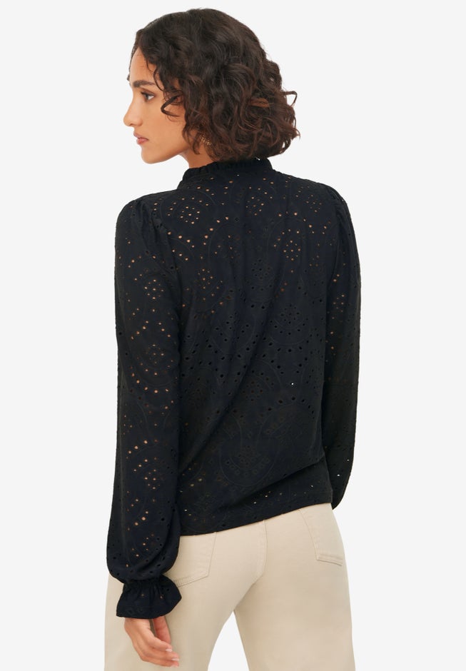 Long Sleeve Knit Eyelet Top With Keyhole Neckline image number 1