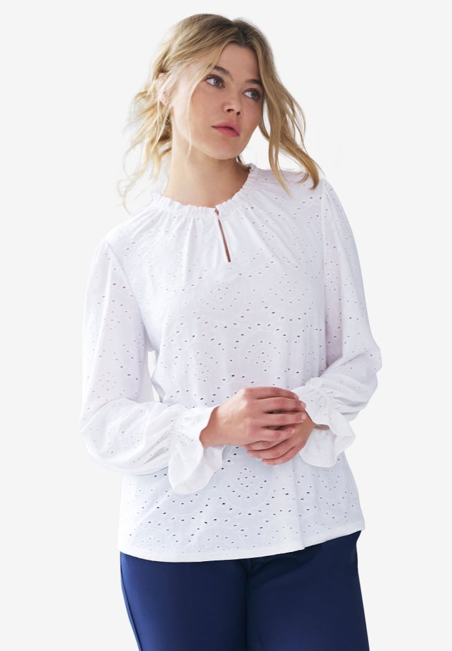 Long Sleeve Knit Eyelet Top With Keyhole Neckline image number 2
