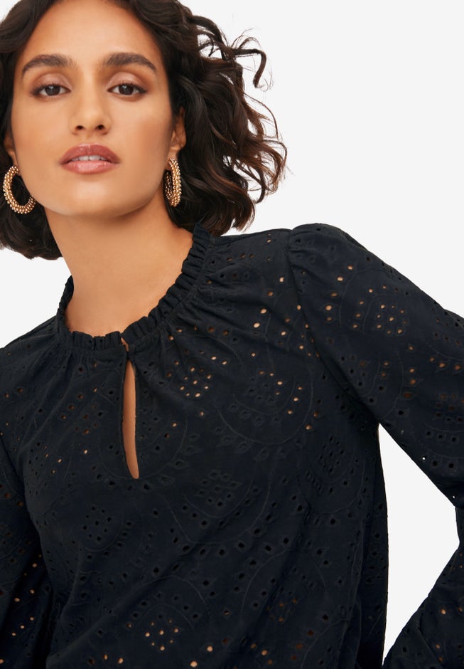 Long Sleeve Knit Eyelet Top With Keyhole Neckline image number 3