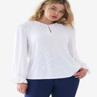 Long Sleeve Knit Eyelet Top With Keyhole Neckline image number null