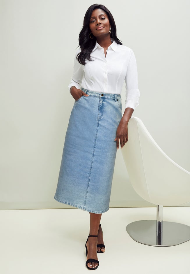 True Fit Stretch Denim Midi Skirt image number 1