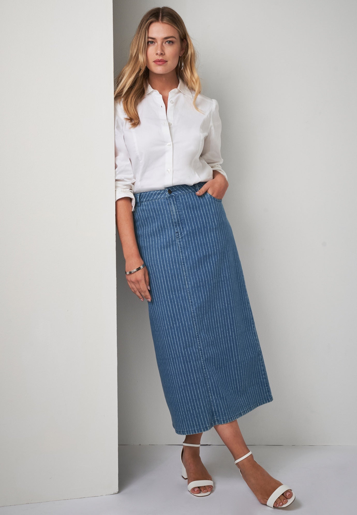 True Fit Stretch Denim Midi Skirt image number 2