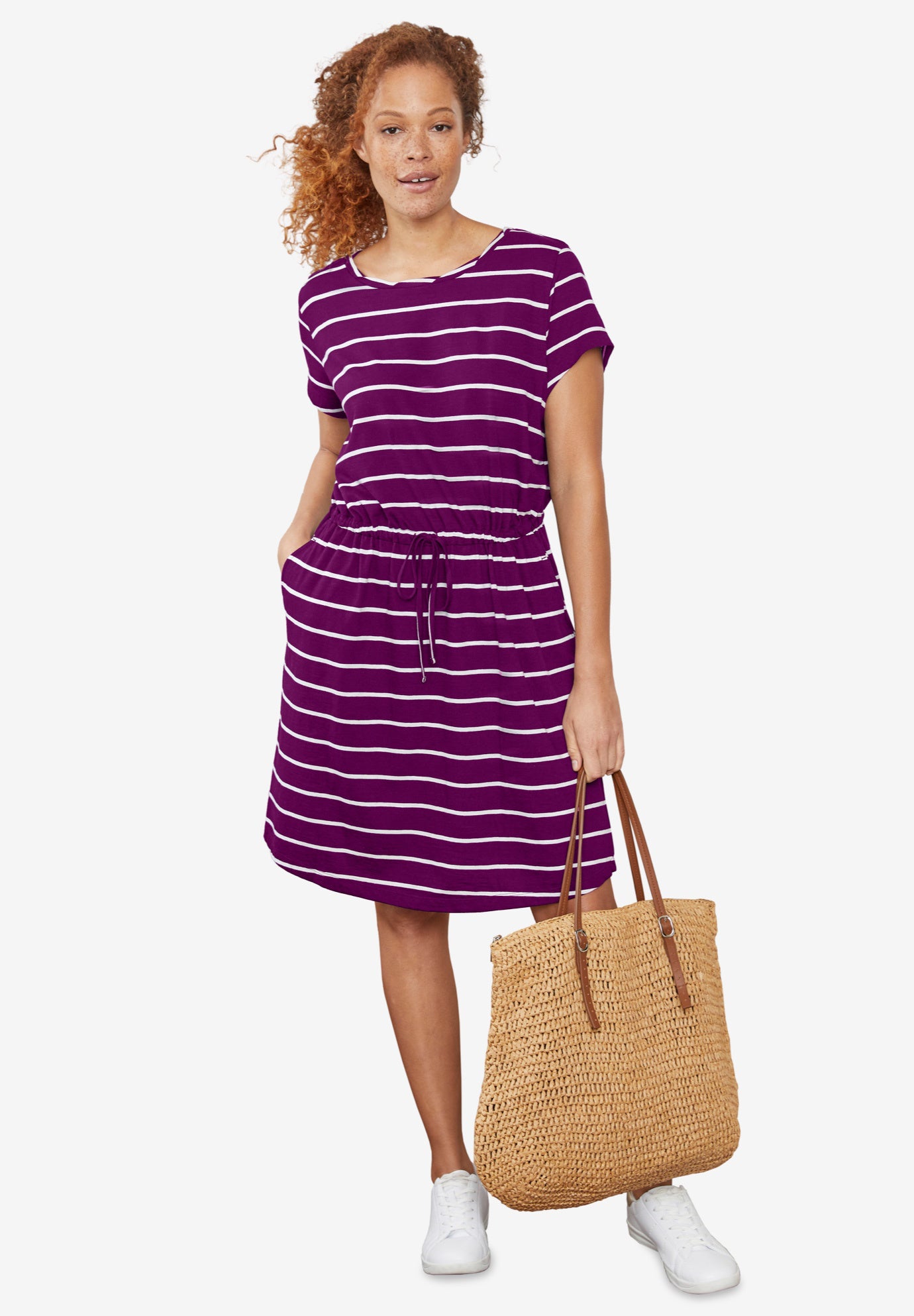 100% Cotton Cinched-Waist Drawstring Midi Dress image number 0