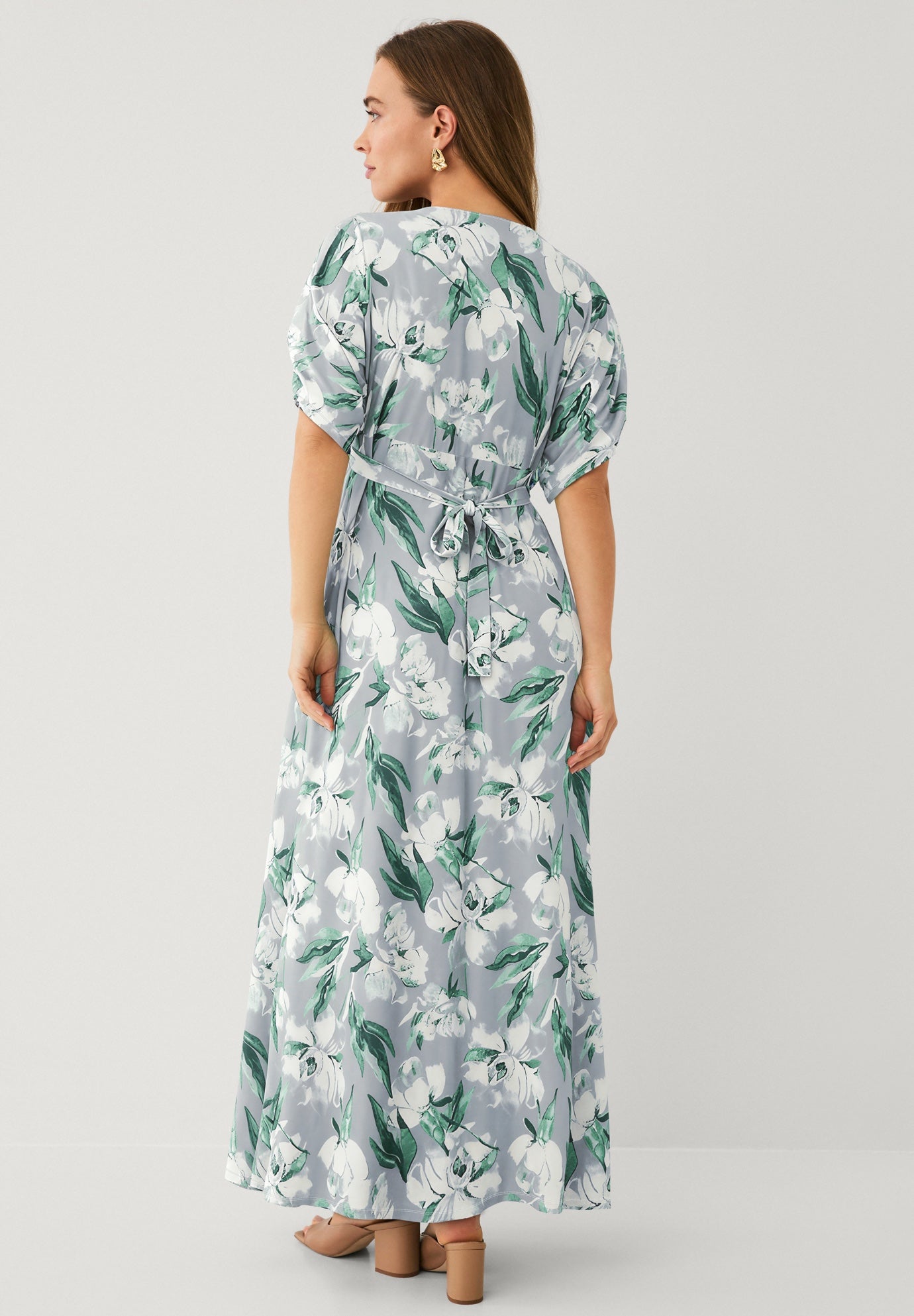 Stretch Knit Fit And Flare Elbow-Length Sleeve Tie-Back Maxi Dress image number 1