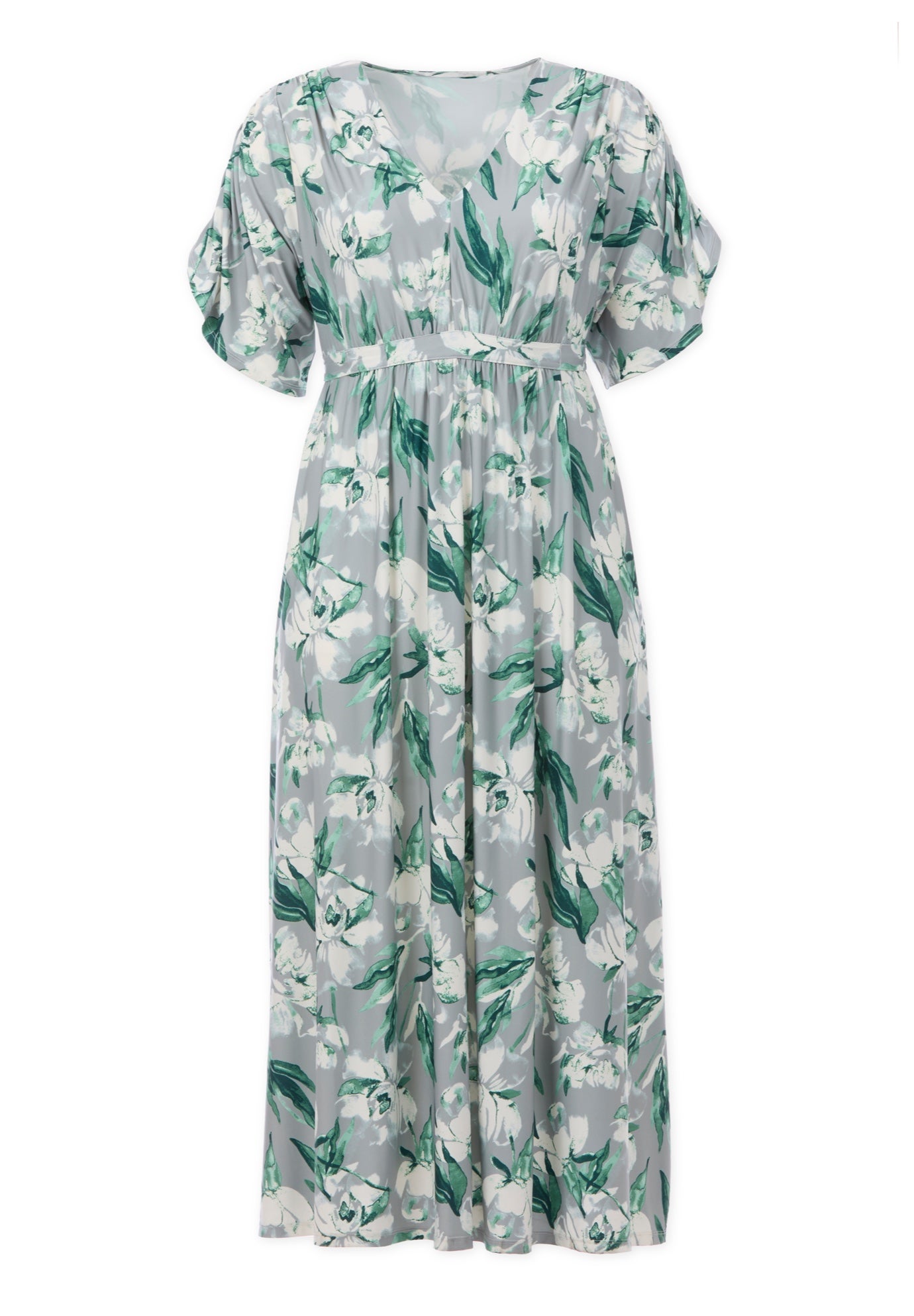 Stretch Knit Fit And Flare Elbow-Length Sleeve Tie-Back Maxi Dress image number 2