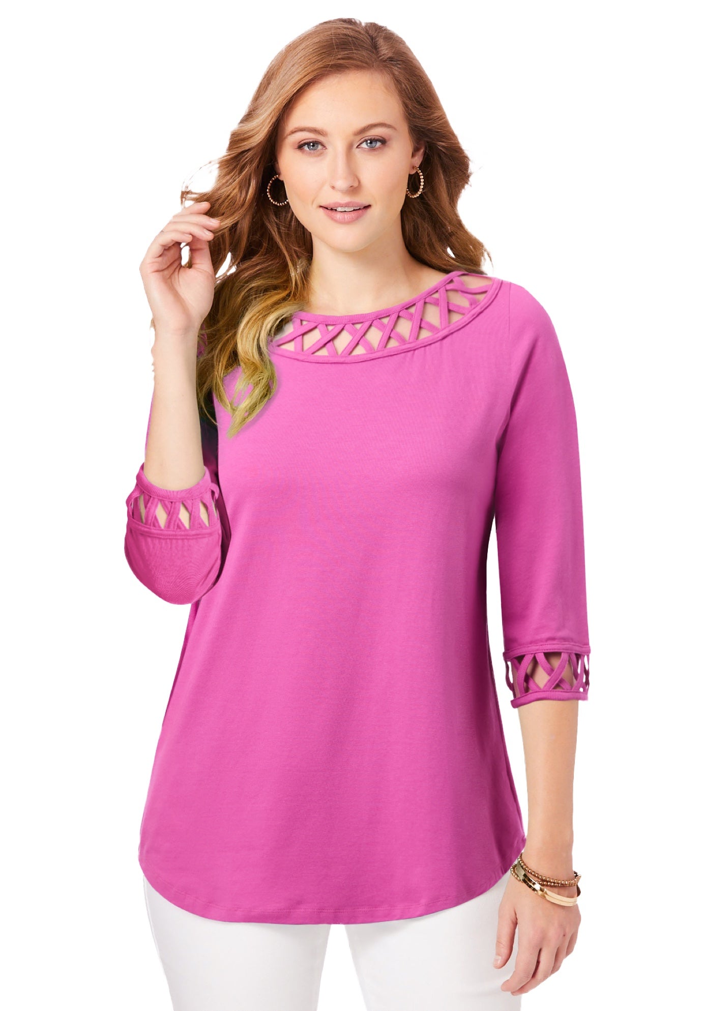 Stretch Cotton Lattice Boatneck Tunic image number 0